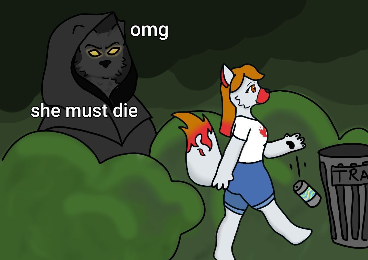 Lydia the fox is seen dropping an empty soda can onto the pristine green grass, even though a garbage bin is available to her no more than two metres away. Behind her, a dark figure looms in the bushes. Upon noticing this disgrace to nature, he exclaims in surprise and decides that Lydia must die.